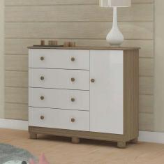 Cômoda Infantil 1 Porta 4 Gavetas 100% MDF Júnior Móveis Peroba Branco Brilho/Carvalho