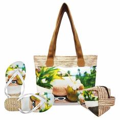 Kit Praia Feminino Chapéu e Coco com Bolsa, Necessaire e Chinelo Magicc Bolsas KIT-207