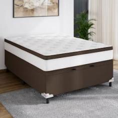 Cama Box de Casal Portobel Noah Baú 70x138x188cm Molas Ensacadas Ortopédico Revestimento em Poliéster Branco e Marrom