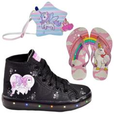 Tênis Botinha Infantil Feminino De Led Unicórnio Cano Alto + Chinelo +