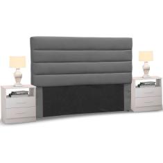 Cabeceira Cama Box Casal 140cm Greta Suede Cinza e 2 Mesas de Cabeceira Flex DM1 Branco - Mpozenato