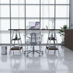 Escrivaninha Cavalete 150cm 4 Prateleiras Estilo Industrial Kuadra Nogal / Est.Branca