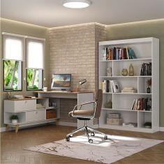 Escrivaninha Em L Retrô 136x120cm Com Estante 120cm Para Livros 4 Prateleiras Branco-nogal