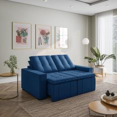 Sofá Cama Retrátil E Reclinável 3 Lugares 180cm Em Veludo Com Molas E Braço Reto Palmeira Cabecasa M Azul