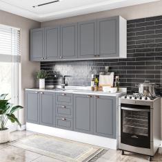 Cozinha Pérola Com Rodapé 4 Peças Aéreos Com 5 Portas, Balcão 2 Gavetas 3 Portas E Balcão 2 Portas Y Branco-cinza