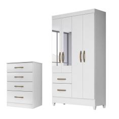 Kit Guarda Roupa Solteiro Com Espelho Madri E Cômoda Ms Branco
