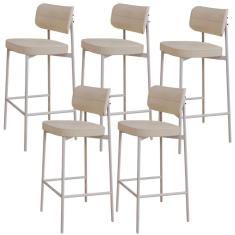 Kit 05 Banquetas Alta Bar Cozinha Sala De Jantar Aço Branco Kaira C01 Linho Areia - Lyam Decor