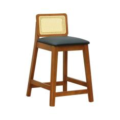 Banqueta Média Gabi Madeira Maciça Telinha Natural - Amêndoa - Assento Estofado Corano Preto