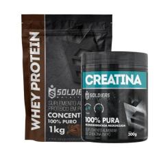Kit: Whey Protein Concentrado 1Kg + Creatina Monohidratada Pote 300g - 100% Pura Importada - Soldier-Unissex