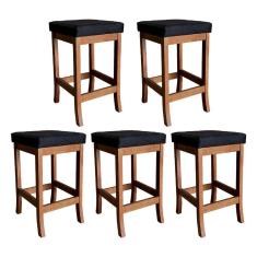 Kit 5 Banquetas Média Estofada Barcelona 64 Cm Madeira Maciça Suede Preto CCS