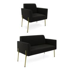 Sofá Namoradeira E Poltrona Pé De Ferro Dourado Marisa Suede D03 Preto