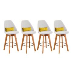 Kit 04 Banquetas Alta Maya Giratória Com Encosto Gourmet Linho Bege e Almofada Suede Amarelo - Aurora Line