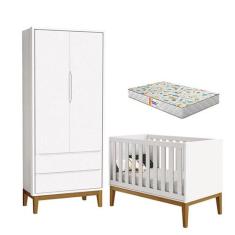 Berço Americano e Guarda Roupa 2 Portas New Classic Branco com Pés Mad