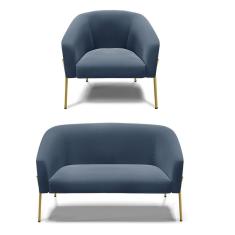Sofá Namoradeira E Poltrona Pé De Ferro Dourado Stella Suede D03 - D'rossi Cor Azul Marinho