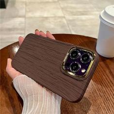 Moldura de lente de revestimento Capa de telefone com textura de grão de madeira para iPhone 14 13 12 11 Pro Max XS XR X 7 8 Plus SE Capa de silicone macio, marrom, para iPhone 14 Pro
