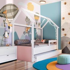 Cama Infantil Solteiro Com Auxiliar Casinha Branco Rosa Carrossel Shop JM