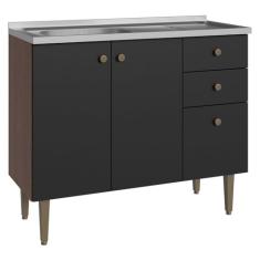 Balcão Gabinete com Pia 3 Portas e 2 Gavetas 105cm Rustic/preto Gourmet Madesa