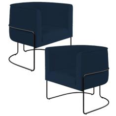 Kit 02 Poltronas Decorativas Fixa Base de Aço Preto Betina D02 Veludo Azul Oxford B-304 - Lyam Decor