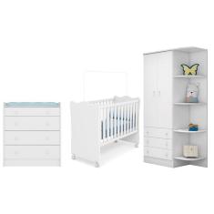 Quarto infantil Guarda Roupa, Cômoda Trocador e Berço Doce Sonho Branco – Qmovi