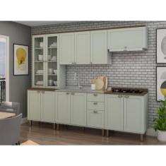 Cozinha Completa com Cristaleira e Balcão para Cooktop 100% Mdf Iluminata Verde Mint/ébano Fosco