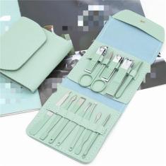 Cortador de unhas de aço inoxidável e saco dobrável conjunto de cortador de unhas conjunto tesoura ferramentas de beleza, verde 12 em 1