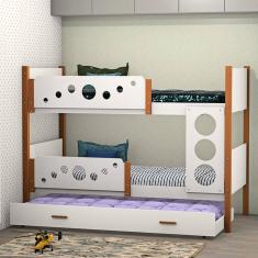 Beliche Solteiro Star Com Cama Auxiliar - Branco Com Castanho Claro