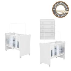 Quarto de Bebê Berço Gemeos c/ Rodízios Colchão Nana Nenem e Cômoda Do