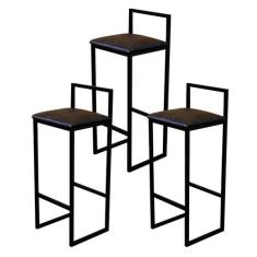 Jogo 3 Banqueta Alta Cozinha Bar Balcão Bistrô Industrial Preta Estofa