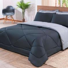 Jogo de Cama com 6 Pçs Aconchego Casa Dona Dupla Face Casal Queen Preto e Cinza