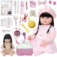 Bebe Boneca Reborn Recem Nascida Morena com Acessórios Luxo - Cegonha 