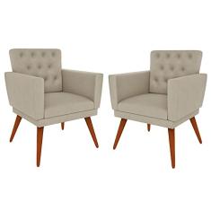 Kit 02 Poltronas Decorativa Pés Palito Nina Encosto Estilo Capitonê Bege - DS Estofados