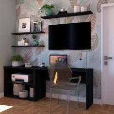 Conjunto Home Office com Escrivaninha, Estante Baixa e 3 Prateleiras Bramov Preto