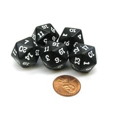 Koplow Games Set of 5 Twenty Sided 19mm D20 Opaque Dice RPG D&D Black with White Numbers Die