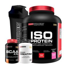 Kit Iso Protein 2Kg Morango+ Creatina+ Bcaa+ Coqueteleira - Bodybuilde