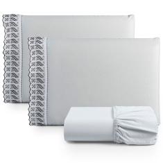 Jogo De Lençol Queen Suave Barrado Lese 3 Peças Barato - Cinza