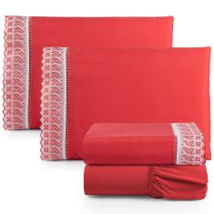 Jogo De Lençol Queen Suave Barrado Lese 4 Peças Barato - Vermelho