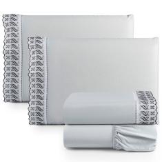 Jogo De Lençol Queen Suave Barrado Lese 4 Peças Barato - Cinza