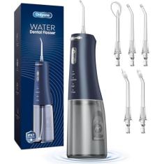 Onlyone Irrigador bucal portátil de 300 ml para dentes, 4 modos e 5 pontas de jato, limpador de irrigação recarregável, fio dental elétrico e acessórios de irrigador azul