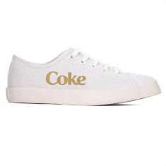 Tênis Coca Cola Newpoart Canvas Branco e Dourado - Feminino, 37, Branc