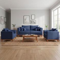 Kit Sofá 3 Lugares e 2 Poltronas Beny Recepção Sala Estar Linho Azul -