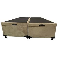 Cama Box Baú King Bipartido Suede Bege Com Pistão A Gás