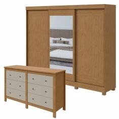 Conjunto de Guarda-Roupa 3 Portas 4 Gavetas Nice com Espelho e com Pés e Cômoda Maggiore New  Amêndoa Clean/Off White