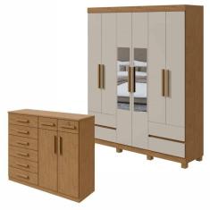 Conjunto de Guarda-Roupa 6 Portas 4 Gavetas Zeus com Espelho e com Pés e Cômoda Toronto Amêndoa Clean/Off White