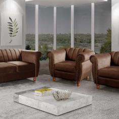 Conjunto Realeza Sofá com Poltronas Chesterfield Decoração Marrom
