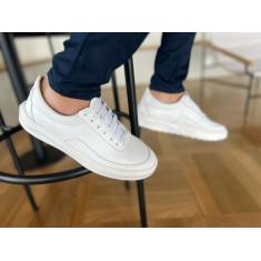 Tênis Branco Masculino Em Couro Solado Costurado Macio Clássico - onix