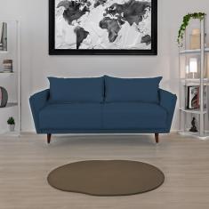 Sofá 3 Lugares Linho Azul Pietro Base em Madeira Maciça