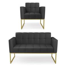 Kit 1 Sofá Namoradeira e 1 Poltrona Elisa Corino Base Metálica Industrial Dourado - D`Rossi
