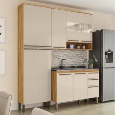 Cozinha Compacta Modulada 3 Peças 10 Portas e 2 Gavetas com Vidro sem Tampo Itália Espresso Móveis Amêndoa/Off White