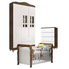 Quarto de Bebê Ariel 3 Portas com Gaveteiro e Berço Lara Branco Acetinado Amadeirado – Carolina