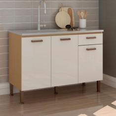 Balcão de Cozinha 120cm 3 Portas 2 Gavetas Freijo Fosco/White Laca Bri